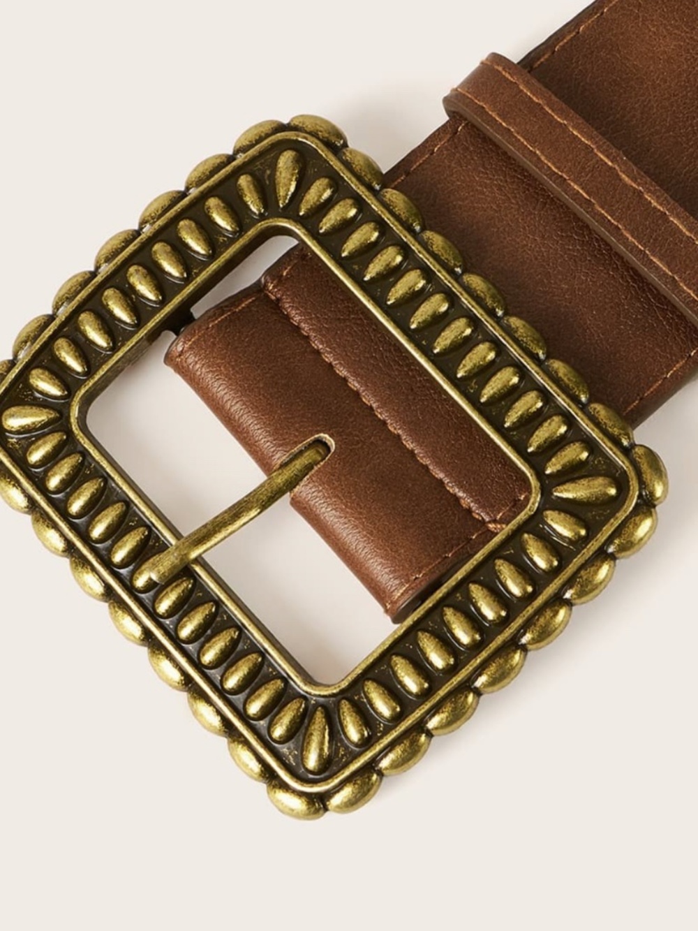 Western Gold Tone Square Buckle Brown Vegan Leather Wide Belt - Picture 4 of 5